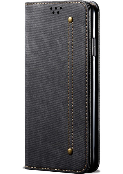 Samsung Galaxy M32 (Global Versiyon) Stand ile Kot Kumaş Doku Boş Zamanlı Deri Cüzdan Kılıfı -Black (Yurt Dışından)