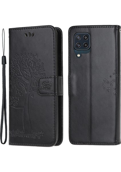 Tam Koruyucu Baykuş Ağacı Deri Deri Cüzdan Stand Samsung Galaxy M32 (Global Versiyon) -Black (Yurt Dışından)