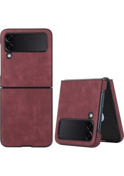 Samsung Galaxy Z Flip3 Için 5g Retro Doku Pc+Pu Deri Deri Telefon Kılıfı Giyim Anti-Fall Anti-Fall Anti-Fall Cover-Wine Kırmızı (Yurt Dışından)