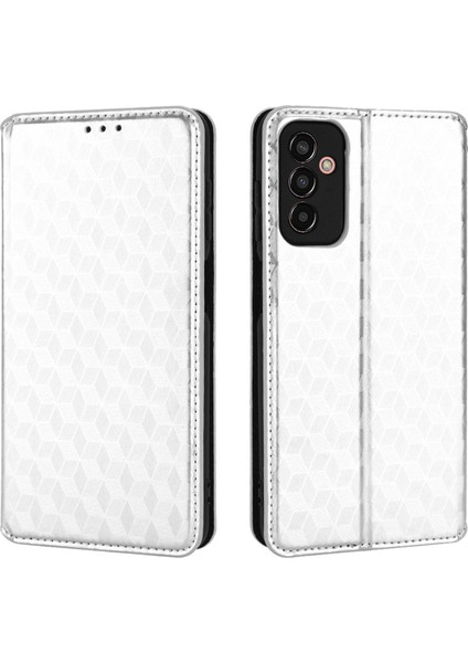 Samsung Galaxy M13 Için 4g Baskı Rhombus Desen Pu Deri Kapak Manyetik Otomatik Azal Emilmiş Telefon Stand Cüzdan Case-Silver (Yurt Dışından)
