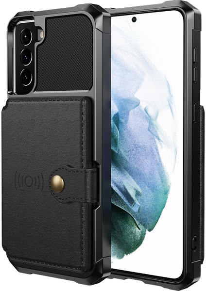 Parçalanma Önleme Kartı Tutucular Kickstand Pu Deri+Tpu Hibrit Kasa Telefon Kabuğu [dahili Manyetik Metal Sac] Samsung Galaxy S22+5G-BLACK (Yurt Dışından)