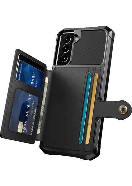 Parçalanma Önleme Kartı Tutucular Kickstand Pu Deri+Tpu Hibrit Kasa Telefon Kabuğu [dahili Manyetik Metal Sac] Samsung Galaxy S22+5G-BLACK (Yurt Dışından)