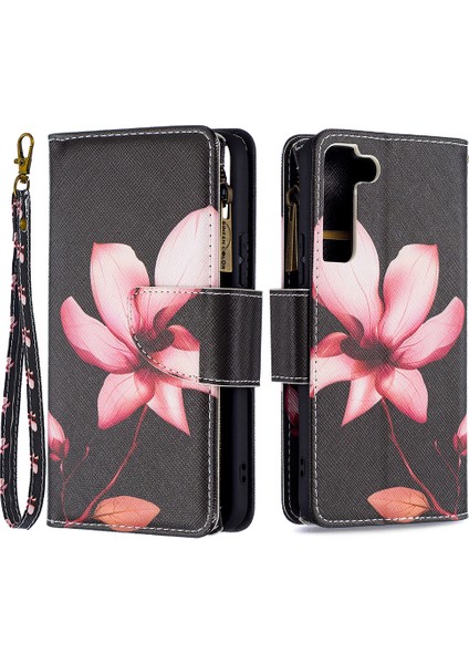 Desen Baskı Stand Tasarımı Fermuarı Cep Deri Kılıf Samsung Galaxy S22 5g-Lotus Için El Kayışı ile Telefon Kapağı (Yurt Dışından)