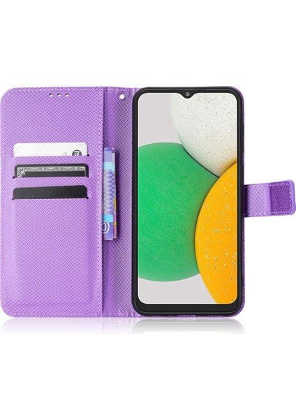 Samsung Galaxy A03 Için Çekirdek Şok Geçirmez Cüzdan Stand Koruyucu Kapak Elmas Doku Yumuşak Pu Deri Flip Case Strap-Purple ile (Yurt Dışından)