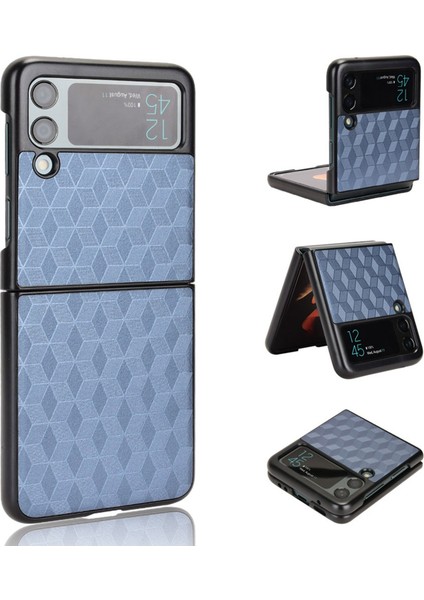 Samsung Galaxy Z Flip3 Için 5g Rhombus Baskılı Katlanır Telefon Kılıf Anti Dalgalı Pu Deri Kaplamalı Pc Kapak Mavisi (Yurt Dışından)