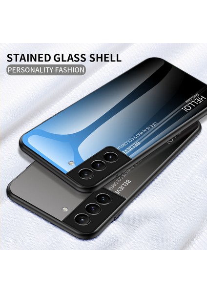 Gradyan Renk Temsilli Cam+Pc+Tpu Düşme Koruma Telefon Kapak Kılıfı Samsung Galaxy S22+5G-STRIPING Mavi Siyah (Yurt Dışından)