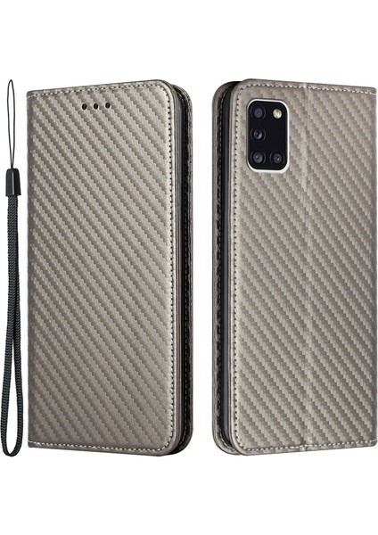 Karbon Fiber Doku Oto-Emilen Deri Telefon Standı Samsung Galaxy A31 4g-Gre Için El Kayışı ile Cüzdan Kapağı (Yurt Dışından)