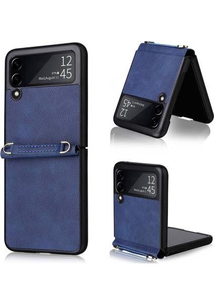 Samsung Galaxy Z Flip3 Için 5g Pu Deri Kaplamalı Pc Katlama Kılıfı Omuz Kayışı Mavisi ile Damla Kısa Süreli Telefon Kapağı (Yurt Dışından)