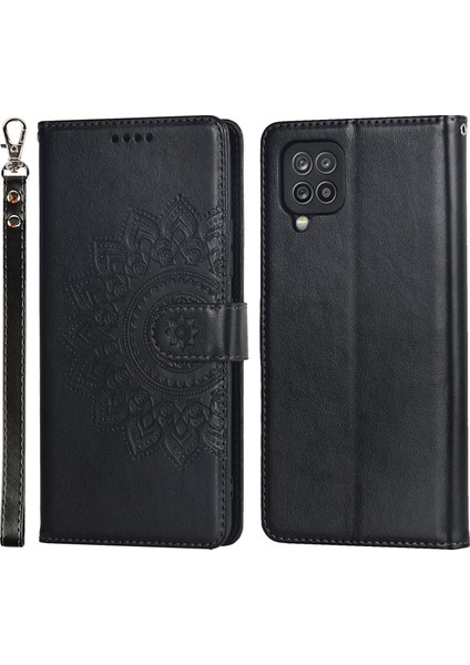 Samsung Galaxy A12 R61 Doku Için Dikiş Pu Deri+Tpu Stand Telefon Kılıf Deseni Baskılı Cüzdan Kapak Black (Yurt Dışından)