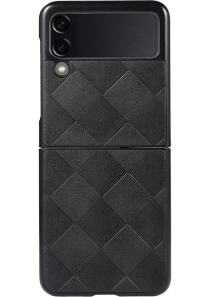 Galaxy Z Flip3 Için 5g 2 Parçalı Flip Tasarım Izgara Doku Pu Deri Kaplamalı Pc+Tpu Hibrid Telefon Kılıfı Aksesuar-Black (Yurt Dışından)