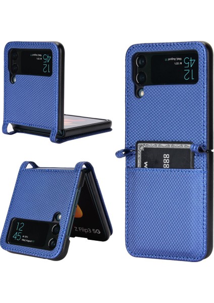 Samsung Galaxy Z Flip3 Için 5g Elmas Doku Pu Deri Kapak Kart Tutucu Katlanır Telefon Kılıf Mavisi (Yurt Dışından)