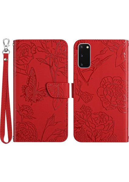 Samsung Galaxy S20 4g/5g Cilt Touch Duygu Pu Deri Kılıf Kelebek Çiçek Deseni Baskılı Stand Cüzdan Yumuşak Tpu Kitap Kapağı Strap-Red ile (Yurt Dışından)