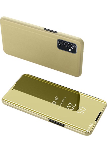 Elektrokaplatma Ayna Tasarımı Işık Ince Anti-Drop Net Görünüm Pencere Ekranı Ekran Samsung Galaxy M52 5g-Luxury Gold Için Stand ile Flip Telefon Kapağı (Yurt Dışından)