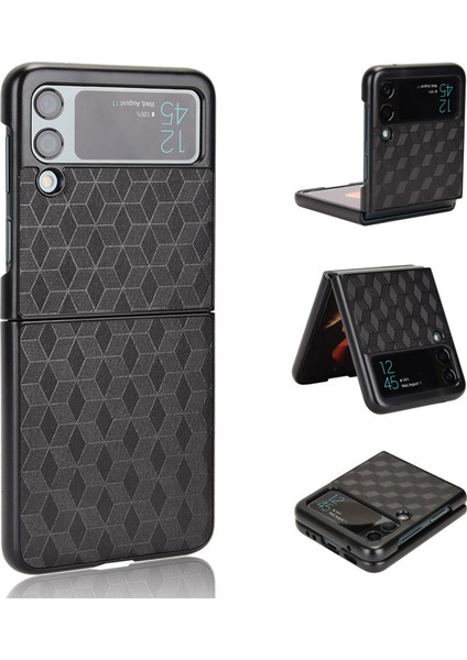 Samsung Galaxy Z Flip3 Için 5g Rhombus Baskılı Katlanır Telefon Kılıf Anti Dalgalı Pu Deri Kaplamalı Pc Kapak Black (Yurt Dışından)
