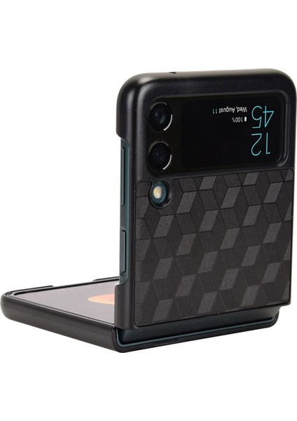 Samsung Galaxy Z Flip3 Için 5g Rhombus Baskılı Katlanır Telefon Kılıf Anti Dalgalı Pu Deri Kaplamalı Pc Kapak Black (Yurt Dışından)