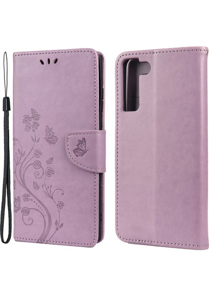Baskı Kelebekler Çiçekler Pu Deri Folio Flip Telefon Kılıfı Samsung Galaxy S22 5g-I-Light Mor Için Stand Cüzdan Kapağı (Yurt Dışından)
