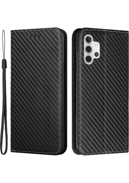 Karbon Fiber Doku Güçlü Mıknatıs Otomatik Kapanış Deri Telefon Kılıfı Samsung Galaxy A13 5G/A04S 4g (164.7 x 76.7 x 9.1 Mm) -Black (Yurt Dışından)