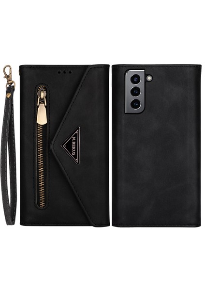 Iyi Korumalı Deri Fermuar Cüzdan Tasarımı Cilt Hissediyor, Damla Kayış Kayış Telefon Kasası Kapağı Samsung Galaxy S22 5g-Black (Yurt Dışından)