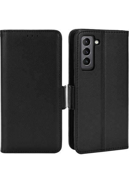 Litchi Doku Folio Flip Cüzdan Kılıfı Şok Geçirmez Pu Deri Koruyucu Kapak Kabuğu Samsung Galaxy S21 Fe 5g-Black (Yurt Dışından)