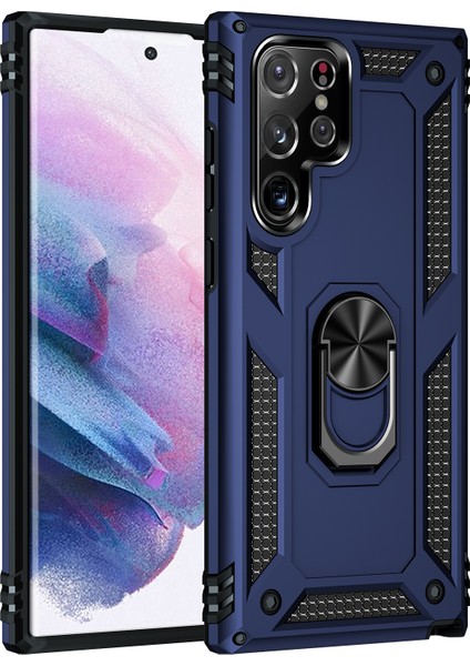 Destekleme Kickstand Tasarım Telefon Geri Kılıf Tutucu Pc+Tpu+Metal Hibrit Telefon Kapak Kabuğu Samsung Galaxy S22 Ultra 5g-Blue (Yurt Dışından) fiyatları