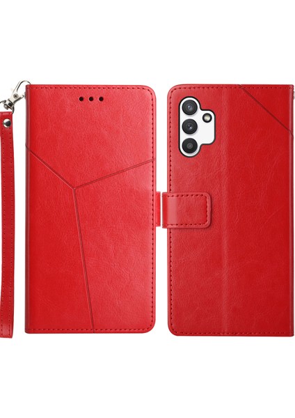 Samsung Galaxy A13 Için 4g Handy Strap Cep Telefon Kapağı Y Şeklinde Çizgiler Baskılı Manyetik Pu Deri Stand Cüzdan Ca-Red (Yurt Dışından)