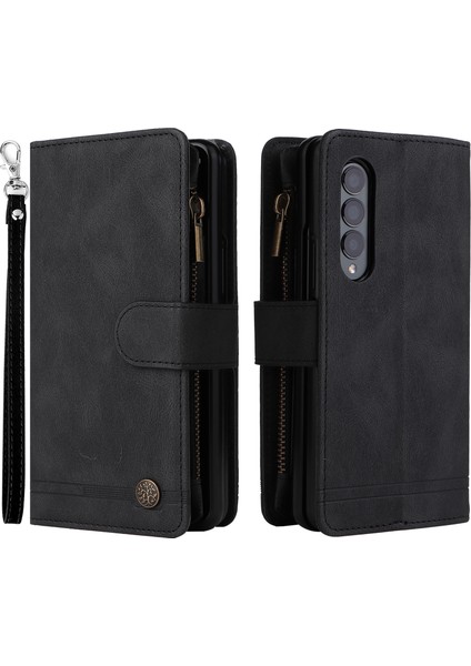 Baskı Çizgileri Cilt Doku Pu Deri Kapak Fermuarı Cep Çok Kart Yuvaları Samsung Galaxy Z Fold3 5g-Black Için Stand ile Telefon Kılıfı (Yurt Dışından)