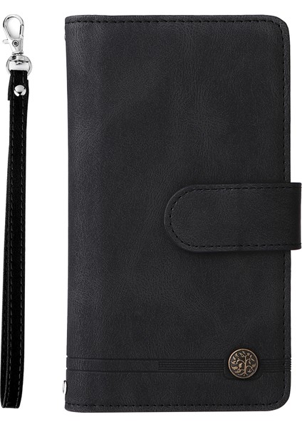 Baskı Çizgileri Cilt Doku Pu Deri Kapak Fermuarı Cep Çok Kart Yuvaları Samsung Galaxy Z Fold3 5g-Black Için Stand ile Telefon Kılıfı (Yurt Dışından)