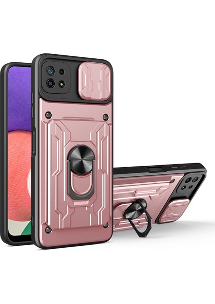 Kickstand Hard Pc Yumuşak Tpu Şok Geçirmez Telefon Kapağı Samsung Galaxy A22 5g (Ab Versiyonu) Için Kart Tutucu ve Slayt Kamera Kapağı ile -Rose Gold (Yurt Dışından)