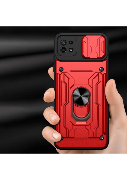 Kickstand Hard Pc Yumuşak Tpu Şok Geçirmez Telefon Kapağı Samsung Galaxy A22 5g (Ab Versiyonu) Için Kart Tutucu ve Slayt Kamera Kapağı ile -Rose Gold (Yurt Dışından)