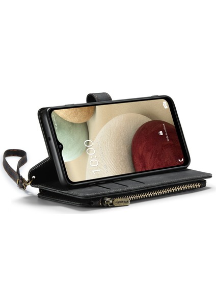 Samsung Galaxy A12/A12 Için (Hindistan) Telefon Kılıfı Fermuar Cep Cüzdanı Çoklu Kart Yuvası Auto Kapatan Manyetik Pu Deri Telefon Kapak Black (Yurt Dışından)
