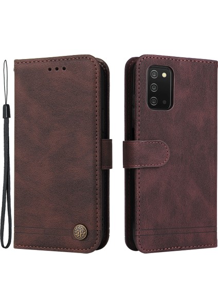 Ağaç Deseni Metal Düğmesi Dekor Cüzdan Stand Flip Kapak Pu Deri Telefon Kılıfı Samsung Galaxy A03S (166.5 x 75.98 x 9.14MM) Için Bilek Kayışı ile (Yurt Dışından)