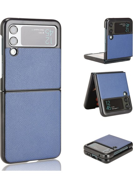 Samsung Galaxy Z Flip3 Için 5g Anti-Drop Litchi Doku Pu Deri Kaplamalı Pc Kılıfı Kırpma Dayanıklı Cep Telefonu Kapak-Dark Mavi (Yurt Dışından)