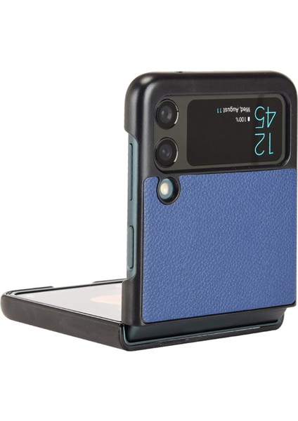 Samsung Galaxy Z Flip3 Için 5g Anti-Drop Litchi Doku Pu Deri Kaplamalı Pc Kılıfı Kırpma Dayanıklı Cep Telefonu Kapak-Dark Mavi (Yurt Dışından)