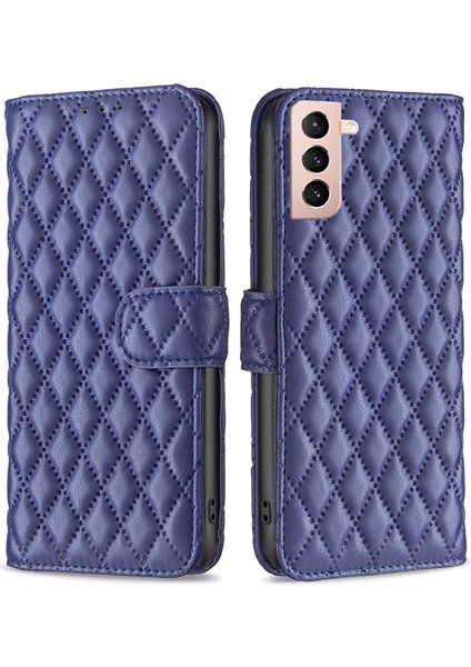 Samsung Galaxy S21 4g/5g Pu Deri Kabuk Için, Basılı Eşkenar Dörtgen Desen Cüzdan Kapağı Etkiye Dayanıklı Mat Telefon Standı Kasa Mavisi (Yurt Dışından)