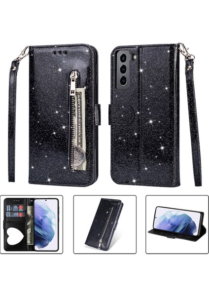 Flash Powder Fermuar Cep Cüzdanı Flip Deri Telefon Kılıfı Samsung Galaxy S21 4g/5g-Black (Yurt Dışından)