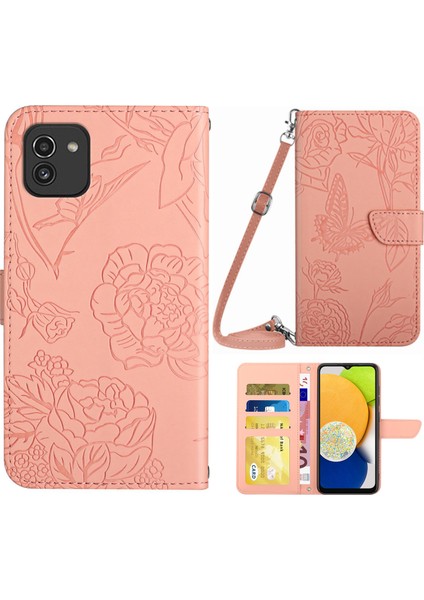 Samsung Galaxy A03 (166.5 x 75.98 x 9.14MM) Için Cep Telefonu Kapak Kabuğu, Cilt Dokunuşma Hissi Pu Deri Deseni Baskı Tasarım Elsiz Stand Cüzdan Telefon Kapağı Omuz Askısı Pembe (Yurt Dışından)