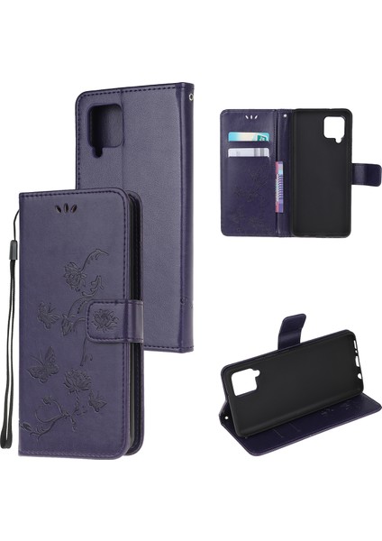 Baskı Kelebek Çiçekler Samsung Galaxy A12 Cep Telefon Aksesuar-Dark Mor Için Deri Cüzdan Telefon Kapağı (Yurt Dışından)