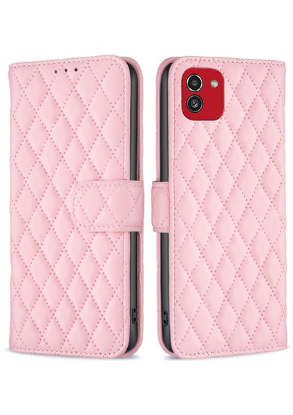 Samsung Galaxy A03 4g (166.5 x 75.98 x 9.14MM) Cüzdan Kapağı, Çizgiye Karşı Çizgiye Dönüşüm Baskılı Rhombus Desen Stand Mat Pu Deri Kılıf (Yurt Dışından)