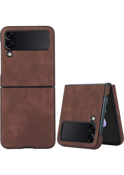 Samsung Galaxy Z Flip3 Için 5g Retro Doku Pc+Pu Deri Deri Telefon Kılıfı Giyim Anti-Güz Anti-Fall Anti-Fall Cover-Dark Brown (Yurt Dışından)