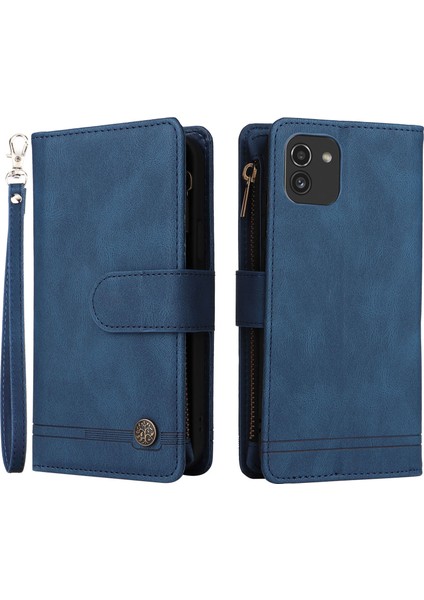Baskı Stripes Fermuar Cep Telefon Kılıfı Samsung Galaxy A03 (164.2 x 75.9 x 9.1mm) Için Deri Kabuk Stand Deri Kabuk-Blue (Yurt Dışından)
