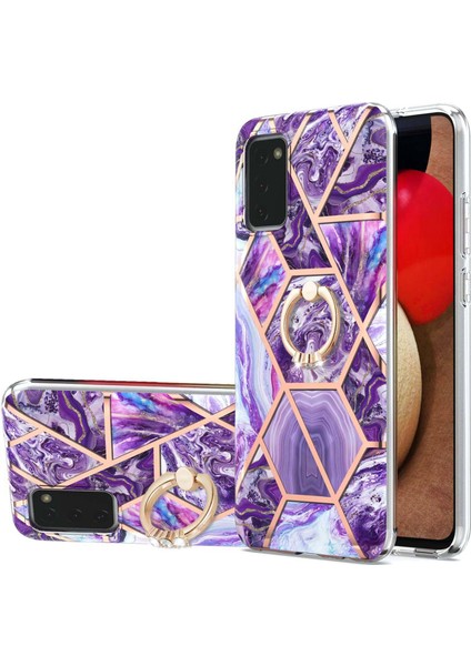 Samsung Galaxy A03S (165.8 x 75.9 x 9.1mm) (Abd Versiyonu) Elektrokaplama Imd Mermer Desen Tpu Telefon Kılıfı ile Ring Kickstand-Dark Mor (Yurt Dışından)