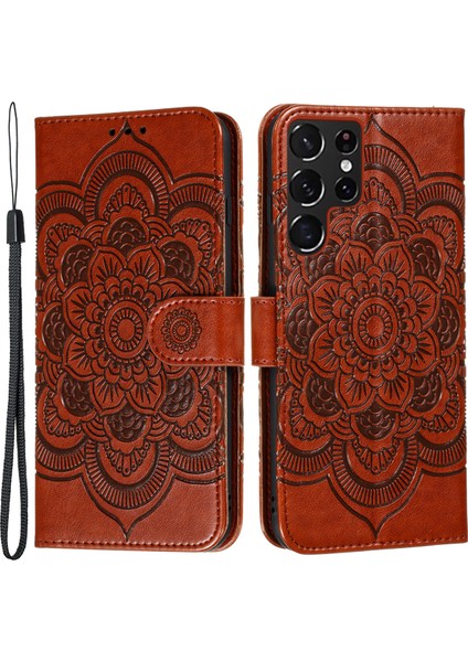 Mandala Çiçek Yatay Flip Pu Deri Kılıf Stand Samsung Galaxy S22 Ultra 5g-Brown (Yurt Dışından)