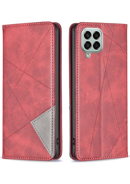 Samsung Galaxy Için M33 5g (Global Versiyon) Geometrik Basılı Cep Telefonu Koruyucusu Pu Deri Stand Örneği Manyetik Otomatik Absorbed Telefon Kablili Kart Tutucu Kırmızısı (Yurt Dışından)
