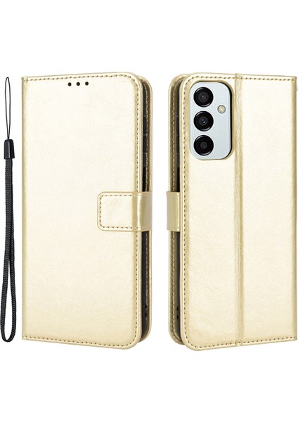 Samsung Galaxy Için M23 5G/F23 5g Çılgın At Dokusu Flip Cüzdan Kılıfı Pu Stand El Kayışı Şok Geçirmez Koruyucu Koruyucu Kapak-Altın (Yurt Dışından)