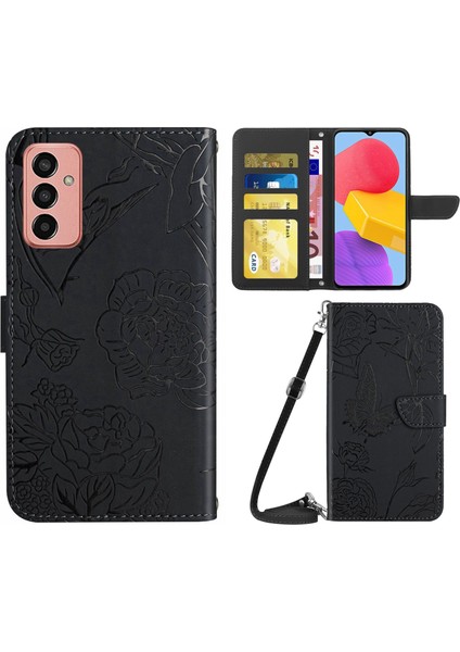 Samsung Galaxy M13 Için 4g Stand Cüzdan Telefon Kılıfı Pu Deri Kelebek Çiçekleri Baskı Omuz Kayışı Black ile Cilt Touch Koruyucu Kapak (Yurt Dışından)