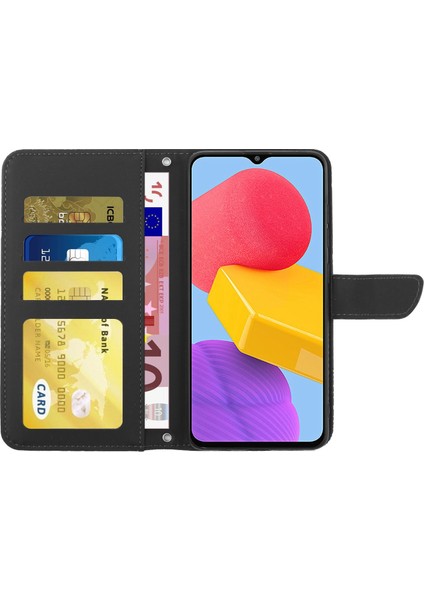 Samsung Galaxy M13 Için 4g Stand Cüzdan Telefon Kılıfı Pu Deri Kelebek Çiçekleri Baskı Omuz Kayışı Black ile Cilt Touch Koruyucu Kapak (Yurt Dışından)