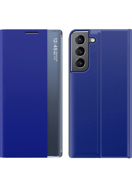 Samsung Galaxy S22 Için 5g Stand Folio Flip Cover Pu Derisi Otomatik Absorbed Telefon Kılıfı Pencere-Mavi Görünümlü (Yurt Dışından)