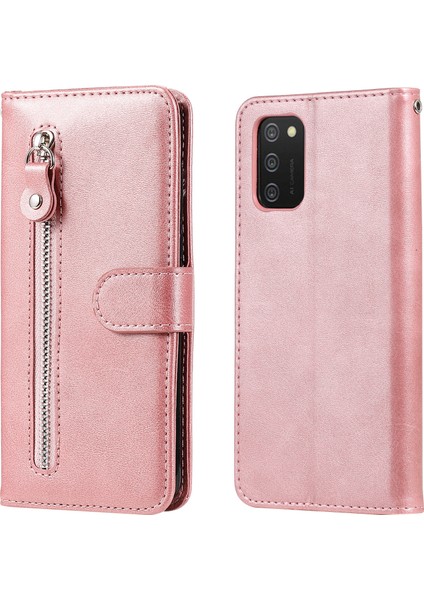 Samsung Galaxy A03'LER (164.2 x 75.9 x 9.1mm) Için Pu Deri Telefon Kılıf Damgaya Dayanıklı Folio Flip Stand Cüzdan Fermuar Cep Tasarım Kılıfı -Rose Altın (Yurt Dışından)