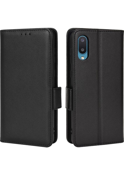 Litchi Doku Pu Deri Folio Flip Cüzdan Kasası Tam Vücut Koruyucu Stand Samsung Galaxy A02-BLACK Için (Yurt Dışından)