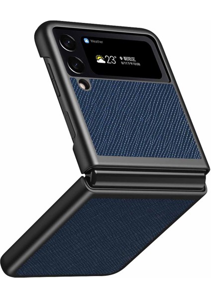 Samsung Galaxy Z Flip4 Için 5g Çizgi Anti-Çizelge Çapraz Doku Telefon Kılıfı Ka Pu Deri Kaplamalı Pc Arka Kapak Koruyucu Kabuk Sapfire (Yurt Dışından)